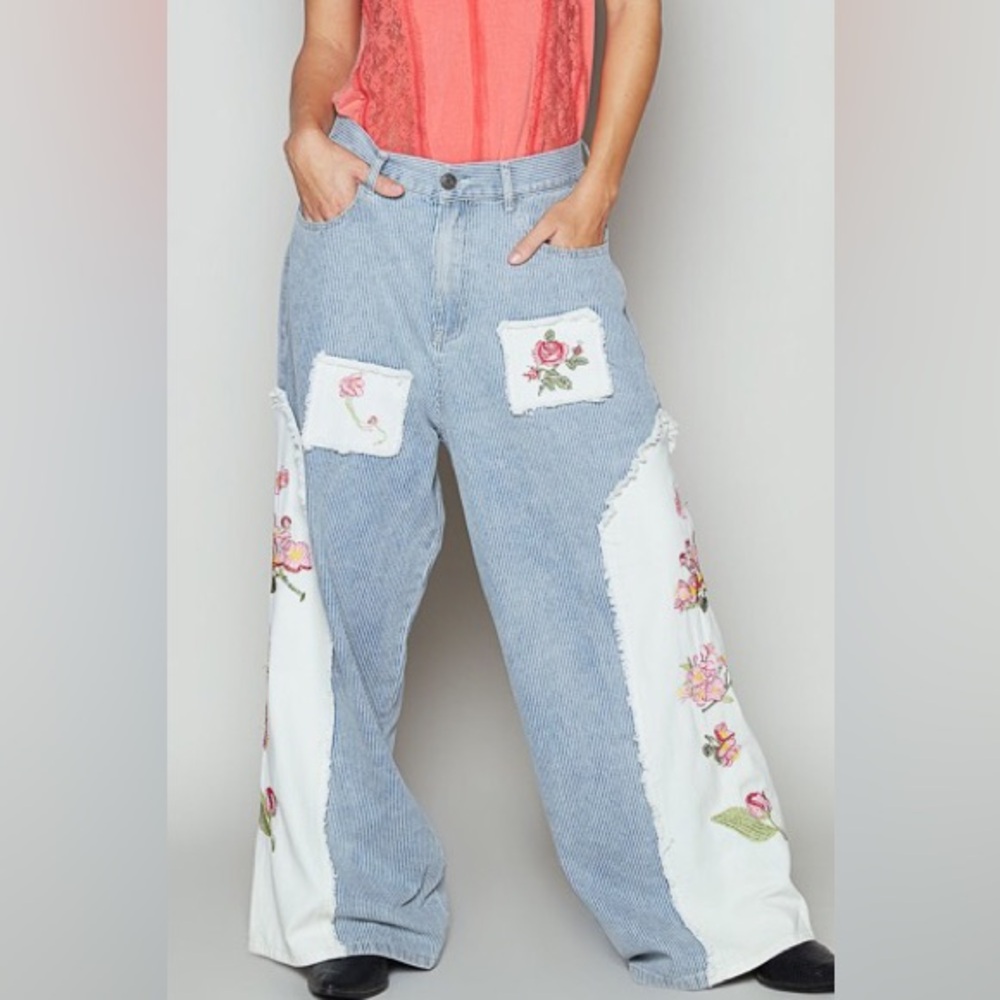 POL Blue Wide-Leg Embroidered Patchwork Jeans